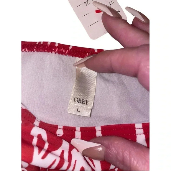 OBEY RED AND WHITE LOGO SCRIPT SIDE TIE BIKINI BOTTOMS Size L - Picture 7 of 9